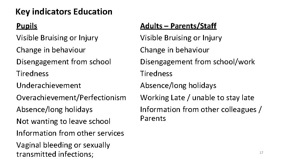 Key indicators Education Pupils Visible Bruising or Injury Change in behaviour Disengagement from school Key indicators Education Pupils Visible Bruising or Injury Change in behaviour Disengagement from school