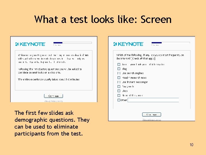 What a test looks like: Screen The first few slides ask demographic questions. They