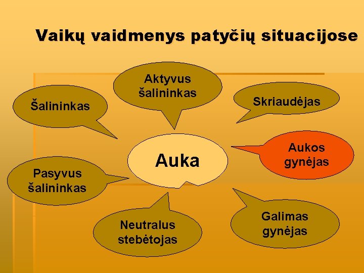 Vaikų vaidmenys patyčių situacijose Šalininkas Pasyvus šalininkas Aktyvus šalininkas Auka Neutralus stebėtojas Skriaudėjas Aukos