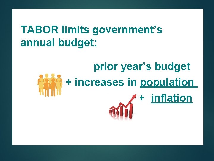 TABOR limits government’s annual budget: prior year’s budget + increases in population + inflation