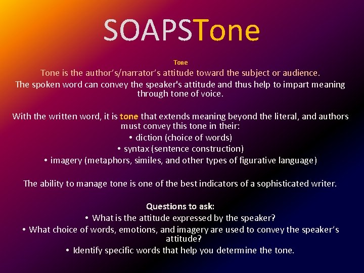SOAPSTone is the author’s/narrator’s attitude toward the subject or audience. The spoken word can