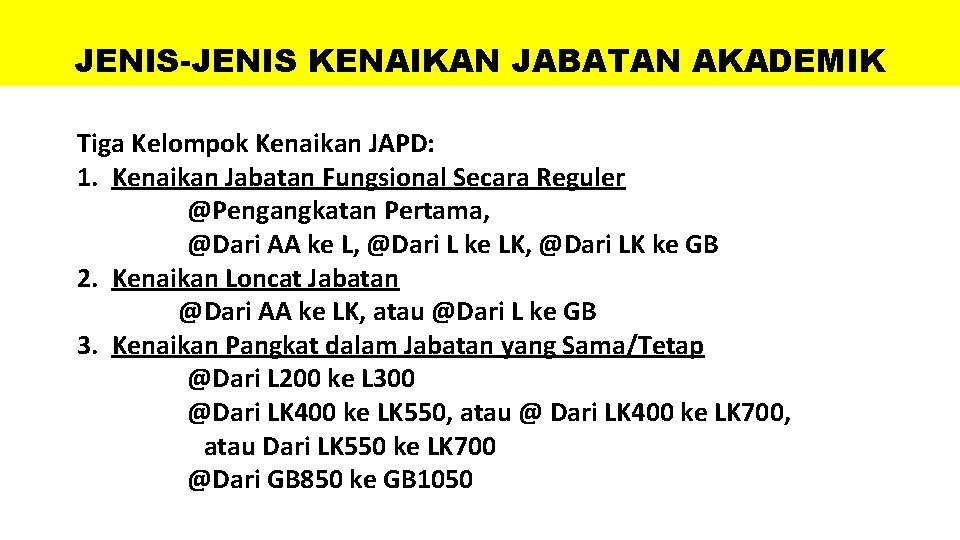 JENIS-JENIS KENAIKAN JABATAN AKADEMIK Tiga Kelompok Kenaikan JAPD: 1. Kenaikan Jabatan Fungsional Secara Reguler