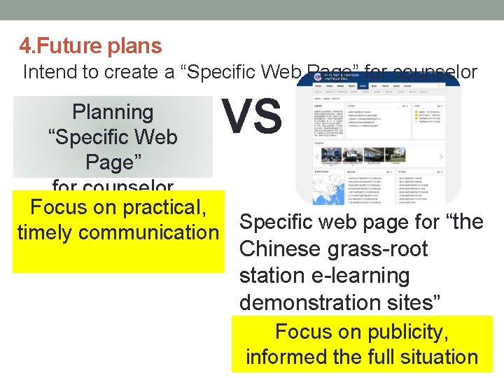 4. Future plans Intend to create a “Specific Web Page” for counselor VS Planning 4. Future plans Intend to create a “Specific Web Page” for counselor VS Planning