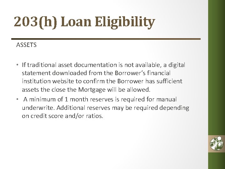 203(h) Loan Eligibility ASSETS • If traditional asset documentation is not available, a digital