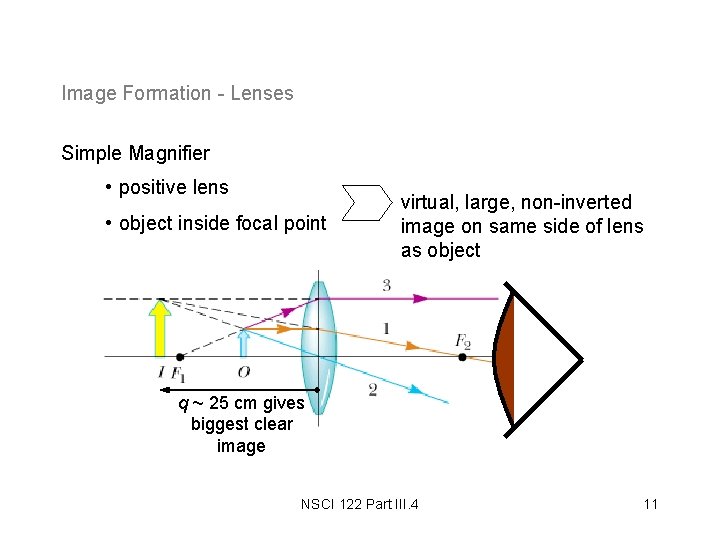 Image Formation - Lenses Simple Magnifier • positive lens • object inside focal point Image Formation - Lenses Simple Magnifier • positive lens • object inside focal point