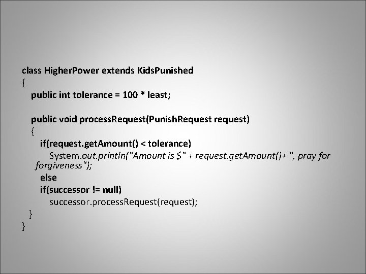 class Higher. Power extends Kids. Punished { public int tolerance = 100 * least;