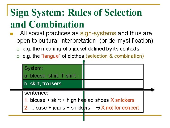 Sign System: Rules of Selection and Combination n All social practices as sign-systems and