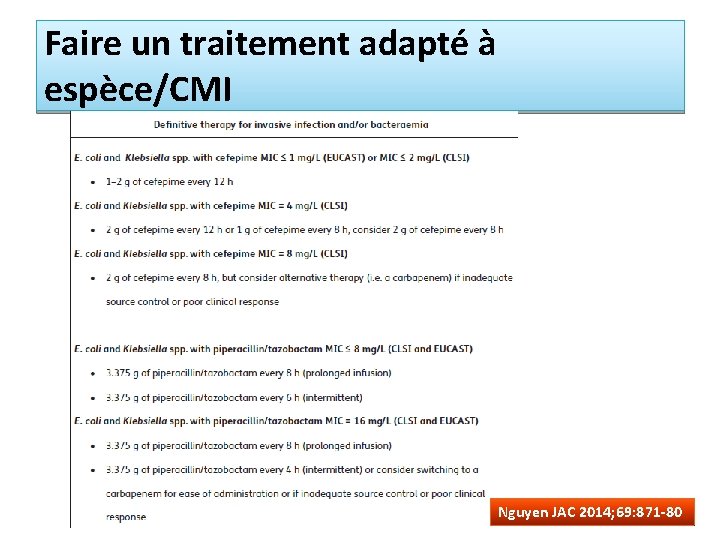 Faire un traitement adapté à espèce/CMI Nguyen JAC 2014; 69: 871 -80 