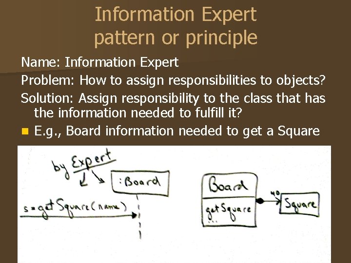 Information Expert pattern or principle Name: Information Expert Problem: How to assign responsibilities to