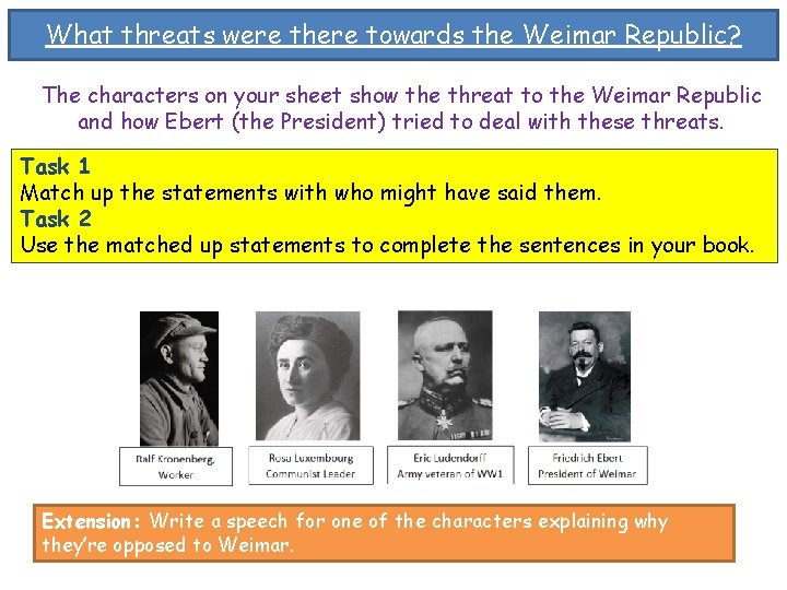 What threats were there towards the Weimar Republic? The characters on your sheet show