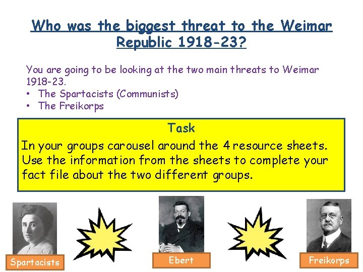 Who was the biggest threat to the Weimar Republic 1918 -23? You are going
