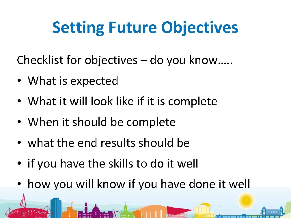 Setting Future Objectives Checklist for objectives – do you know…. . • What is