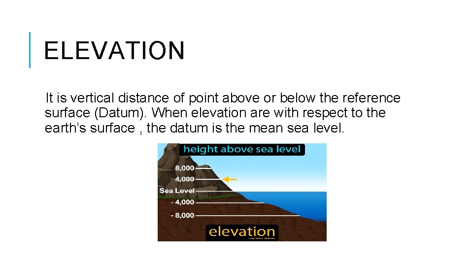 ELEVATION It is vertical distance of point above or below the reference surface (Datum).