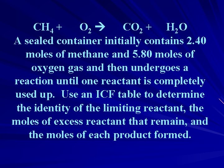 CH 4 + O 2 CO 2 + H 2 O A sealed container