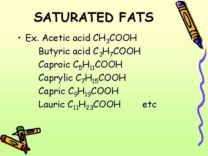 SATURATED FATS • Ex. Acetic acid CH 3 COOH Butyric acid C 3 H