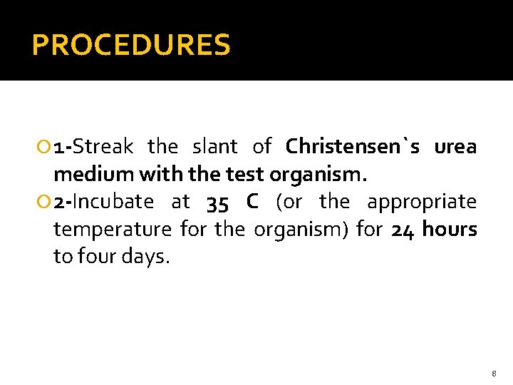 PROCEDURES 1 -Streak the slant of Christensen`s urea medium with the test organism. 2