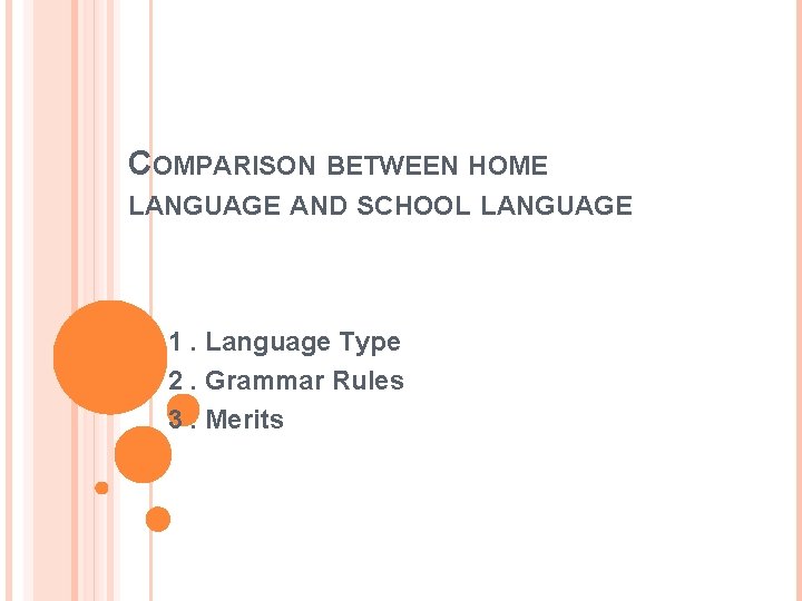 COMPARISON BETWEEN HOME LANGUAGE AND SCHOOL LANGUAGE 1. Language Type 2. Grammar Rules 3.