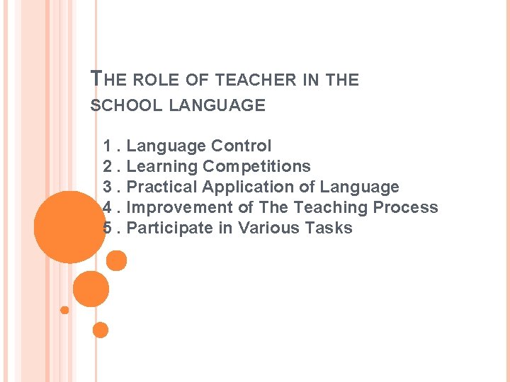 THE ROLE OF TEACHER IN THE SCHOOL LANGUAGE 1. Language Control 2. Learning Competitions