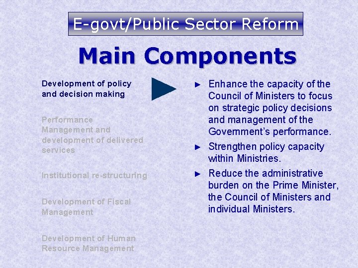 E-govt/Public Sector Reform Main Components Development of policy and decision making Performance Management and