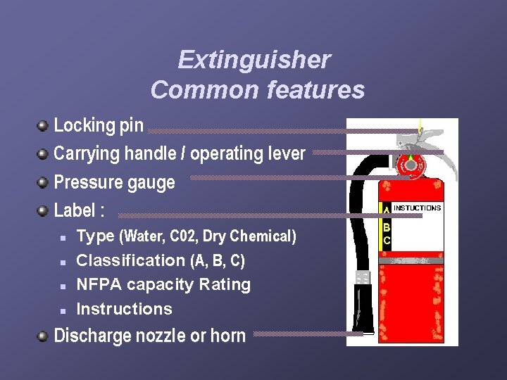 Extinguisher Common features Locking pin Carrying handle / operating lever Pressure gauge Label :