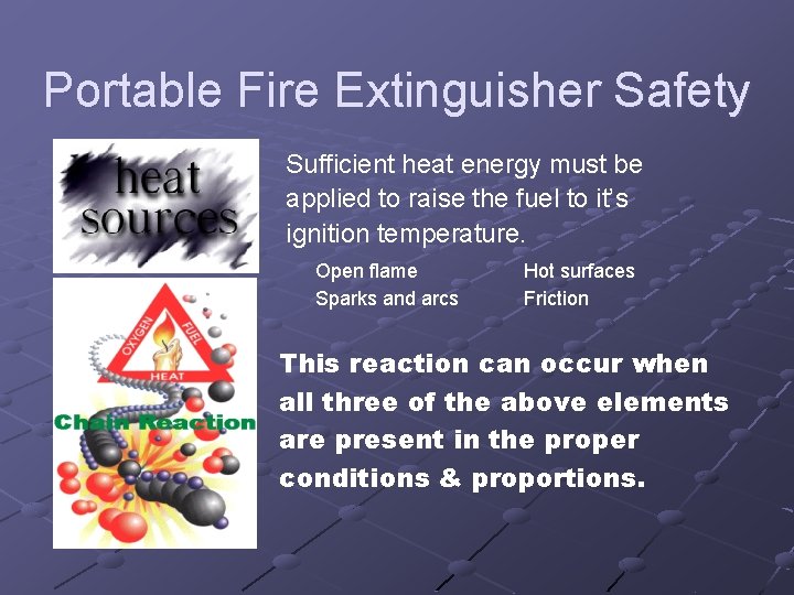 Portable Fire Extinguisher Safety Sufficient heat energy must be applied to raise the fuel