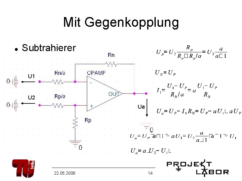 Mit Gegenkopplung Subtrahierer U 1 U 2 Ua 22. 05. 2008 14 