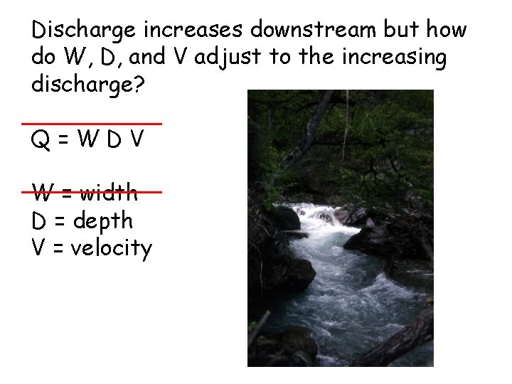 Discharge increases downstream but how do W, D, and V adjust to the increasing
