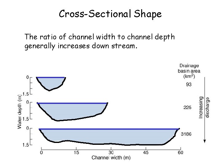 Cross-Sectional Shape The ratio of channel width to channel depth generally increases down stream.