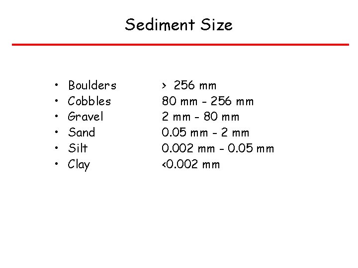 Sediment Size • • • Boulders Cobbles Gravel Sand Silt Clay > 256 mm