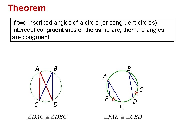 Theorem If two inscribed angles of a circle (or congruent circles) intercept congruent arcs