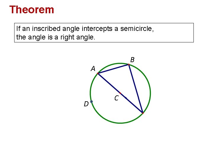 Theorem If an inscribed angle intercepts a semicircle, the angle is a right angle.