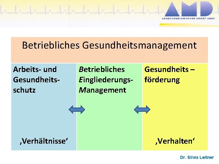 Betriebliches Gesundheitsmanagement Arbeits- und Gesundheitsschutz ‚Verhältnisse‘ Betriebliches Eingliederungs. Management Gesundheits – förderung ‚Verhalten‘ Dr.