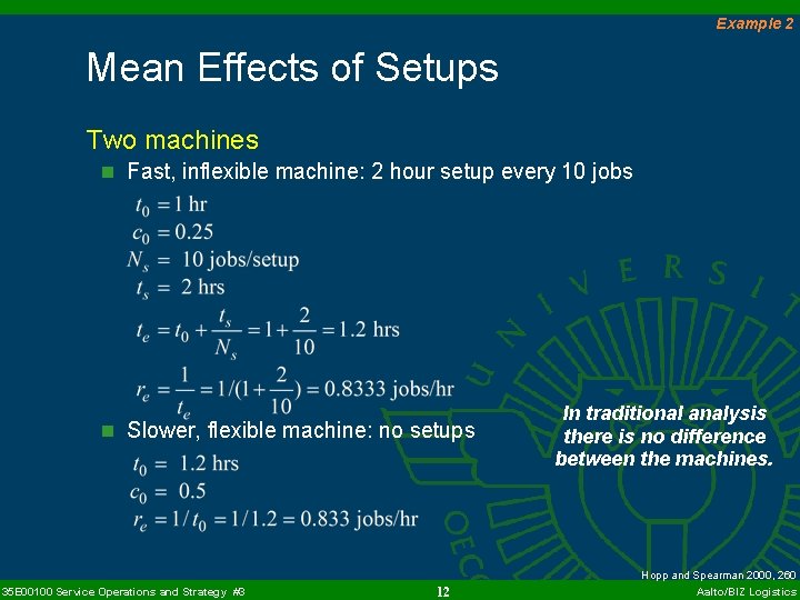 Example 2 Mean Effects of Setups Two machines n Fast, inflexible machine: 2 hour