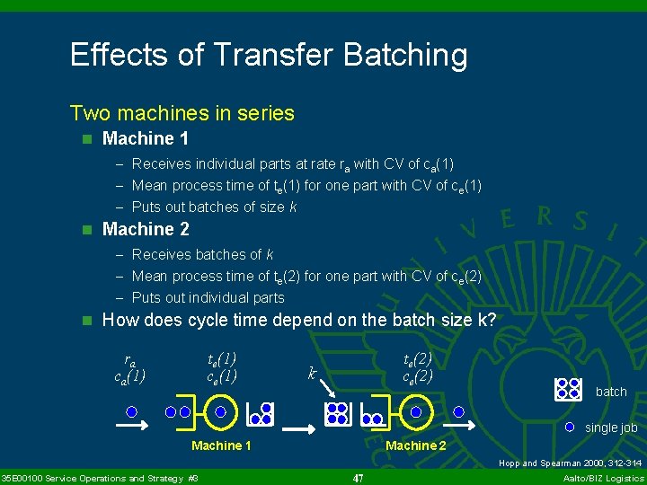 Effects of Transfer Batching Two machines in series n Machine 1 - Receives individual