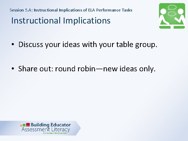 Session 5. A: Instructional Implications of ELA Performance Tasks Instructional Implications • Discuss your
