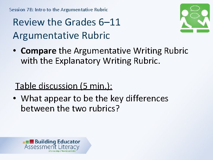 Session 7 B: Intro to the Argumentative Rubric Review the Grades 6– 11 Argumentative
