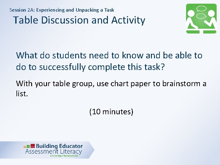 Session 2 A: Experiencing and Unpacking a Task Table Discussion and Activity What do