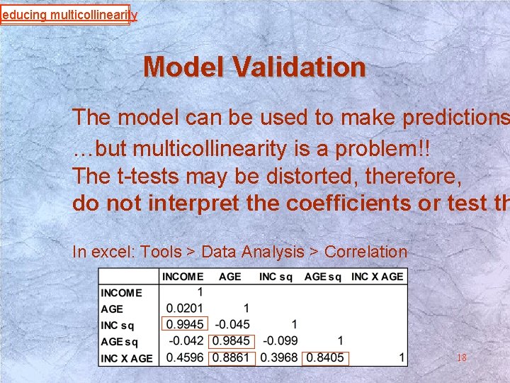 Reducing multicollinearity Model Validation The model can be used to make predictions …but multicollinearity Reducing multicollinearity Model Validation The model can be used to make predictions …but multicollinearity