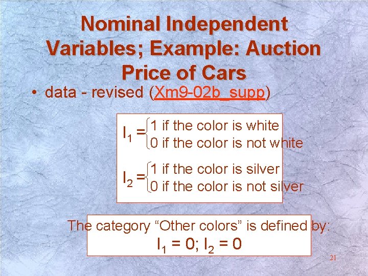Nominal Independent Variables; Example: Auction Price of Cars • data - revised (Xm 9 Nominal Independent Variables; Example: Auction Price of Cars • data - revised (Xm 9