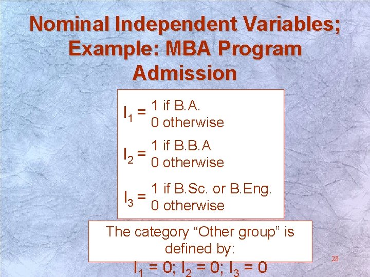 Nominal Independent Variables; Example: MBA Program Admission 1 if B. A. I 1 = Nominal Independent Variables; Example: MBA Program Admission 1 if B. A. I 1 =