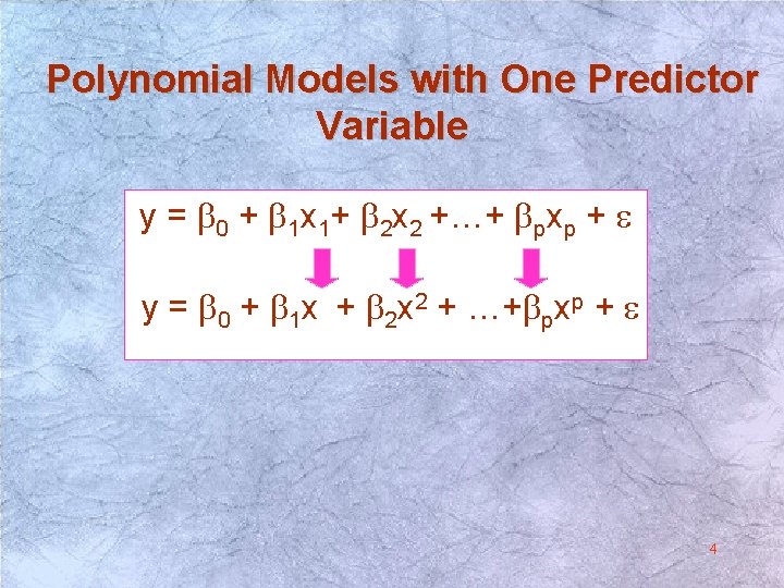 Polynomial Models with One Predictor Variable y = b 0 + b 1 x Polynomial Models with One Predictor Variable y = b 0 + b 1 x