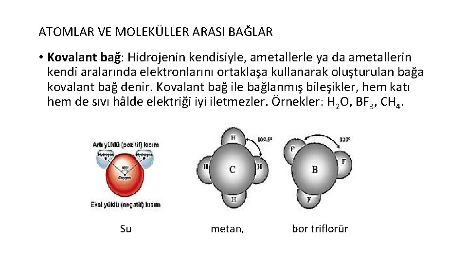 ATOMLAR VE MOLEKÜLLER ARASI BAĞLAR • Kovalant bağ: Hidrojenin kendisiyle, ametallerle ya da ametallerin