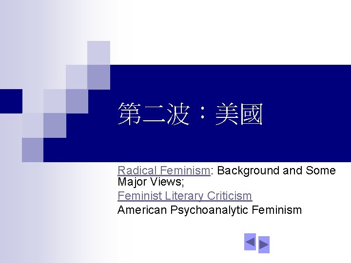 第二波：美國 Radical Feminism: Background and Some Major Views; Feminist Literary Criticism American Psychoanalytic Feminism