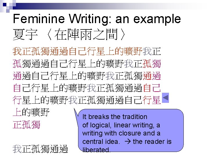 Feminine Writing: an example 夏宇 〈在陣雨之間〉 我正孤獨通過自己行星上的曠野我正孤獨 通過自己行星上的曠野我正孤獨通過自己 行星上的曠野我正孤獨通過自己行星 上的曠野 It breaks the tradition