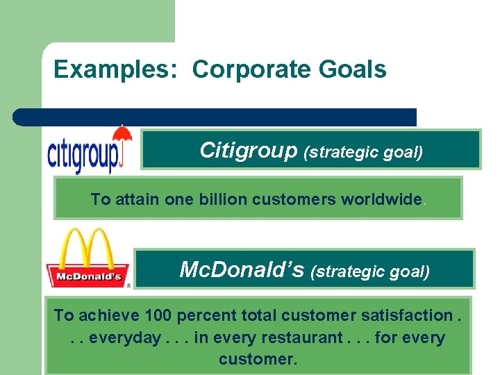 Examples: Corporate Goals Citigroup (strategic goal) To attain one billion customers worldwide. Mc. Donald’s