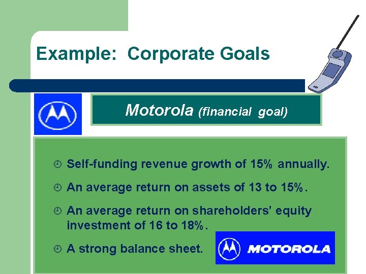 Example: Corporate Goals Motorola (financial goal) ¿ Self-funding revenue growth of 15% annually. ¿