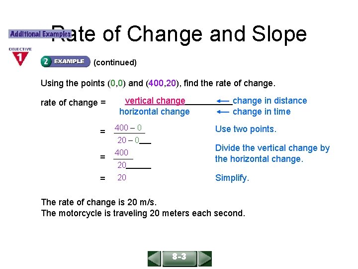 ALGEBRA 1 LESSON 6 -1 Rate of Change and Slope (continued) Using the points
