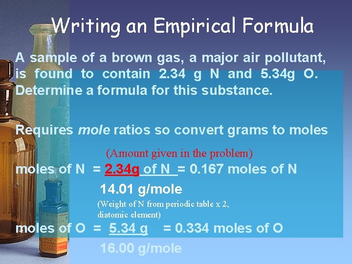 Writing an Empirical Formula A sample of a brown gas, a major air pollutant,
