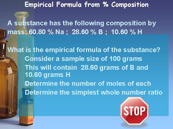 Empirical Formula from % Composition A substance has the following composition by mass: 60.