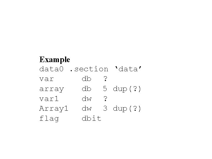 Example data 0. section ‘data’ var db ? array db 5 dup(? ) var Example data 0. section ‘data’ var db ? array db 5 dup(? ) var
